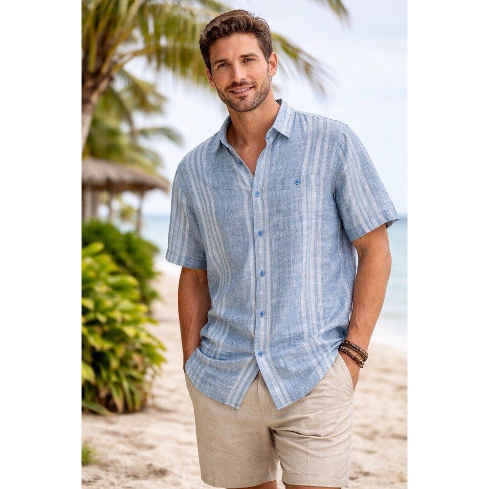 Weatherproof Vintage Linen Blend Shirt Blue Striped Short Sleeve Mens L